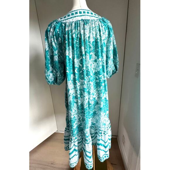 Vintage 80s Ramono Rull Classic Indi Print Summer Dress Size Small Turquoise Wht - Picture 6 of 12